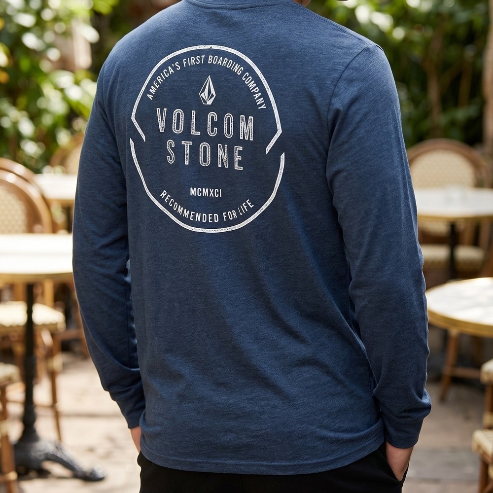 Volcom Stone Mens Navy Blue Heather Long Sleeve Graphic Skate Surf Tee Shirt